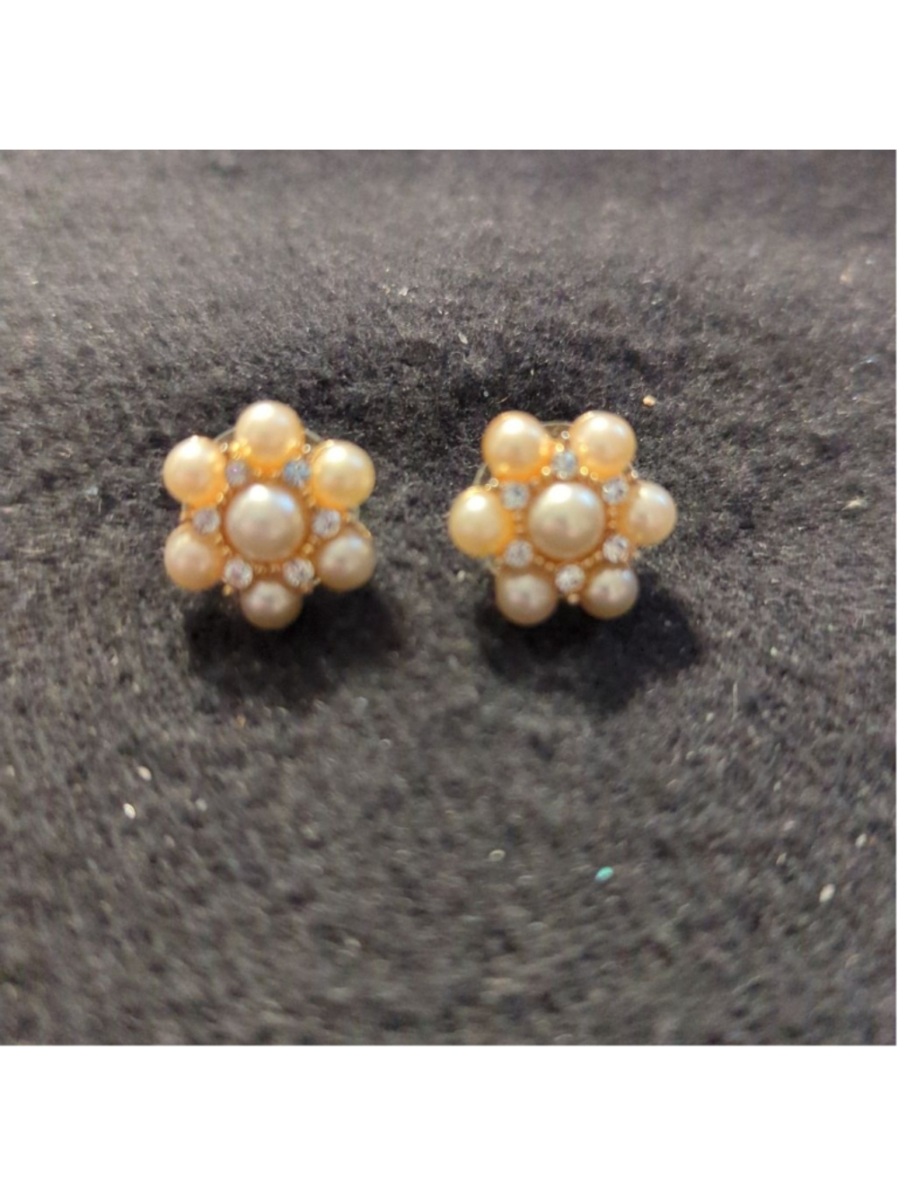 Gold Tone White Faux Pearl and Clear Rhinestone Floral Stud Statement Earrings
